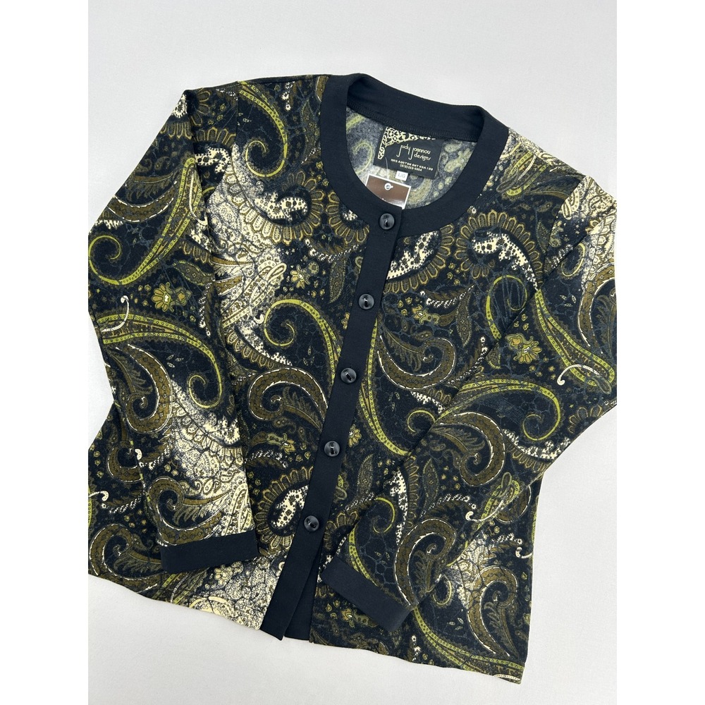 Judy Joannou Designs Womens Paisley Button Front Cardigan Green Gold Black Large